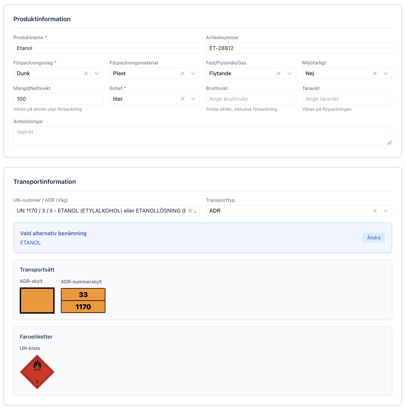 Skärmdump av HazFlow produktregister som visar hantering av farligt gods med UN-nummer, produkter och förpackningar