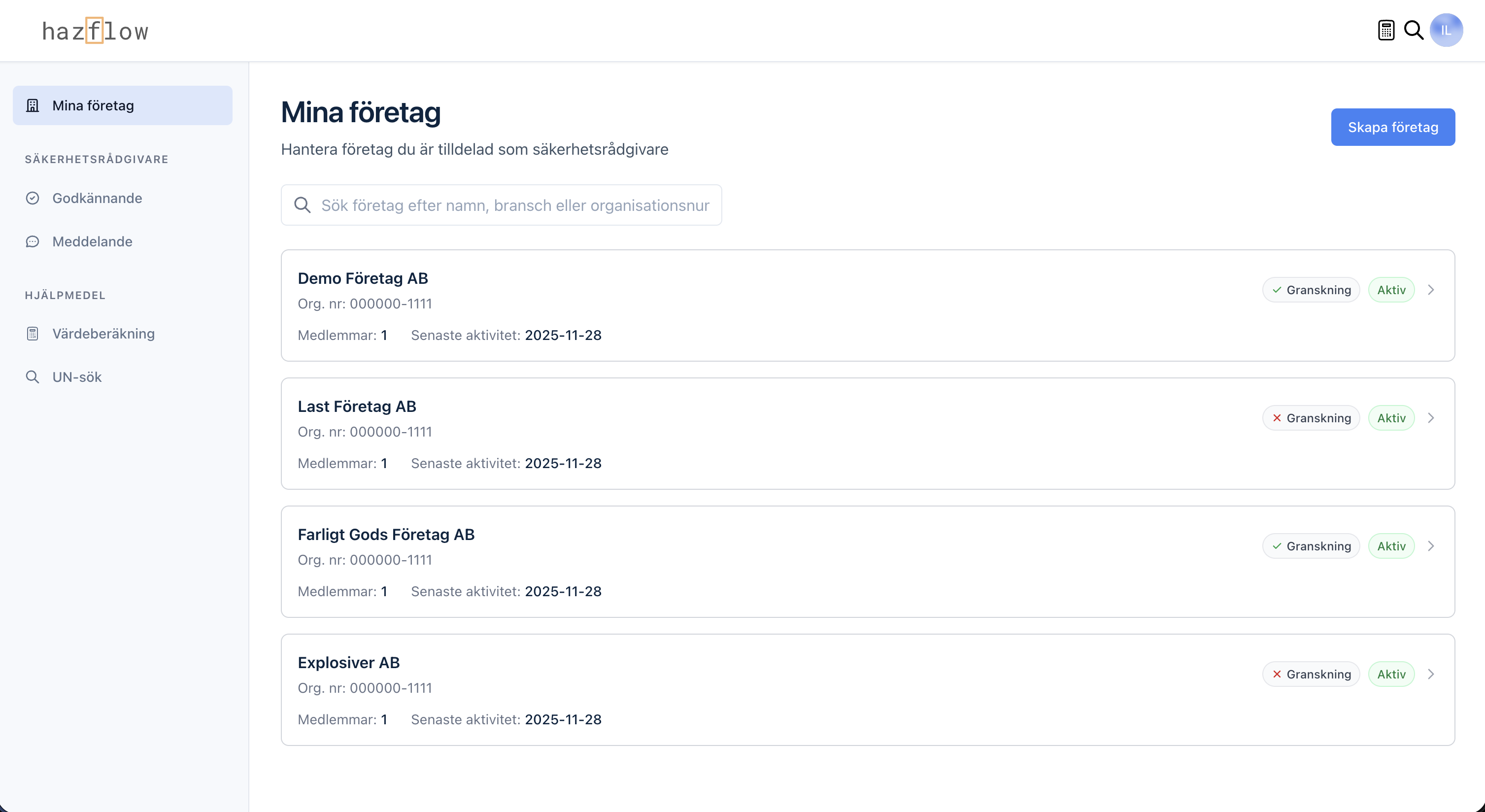 Översikt av företagshantering i HazFlow
